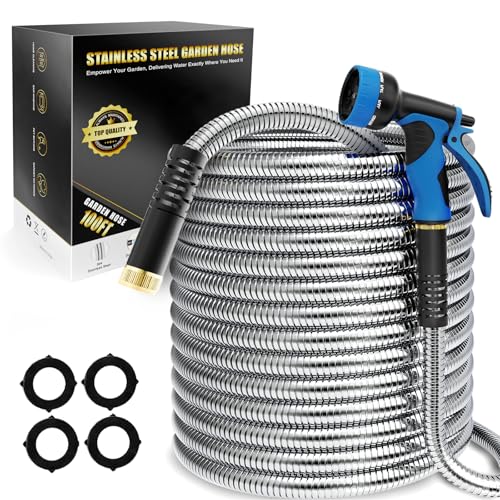 100ft Metal Stainless Steel Garden Hose with 10-Function Nozzle H5662