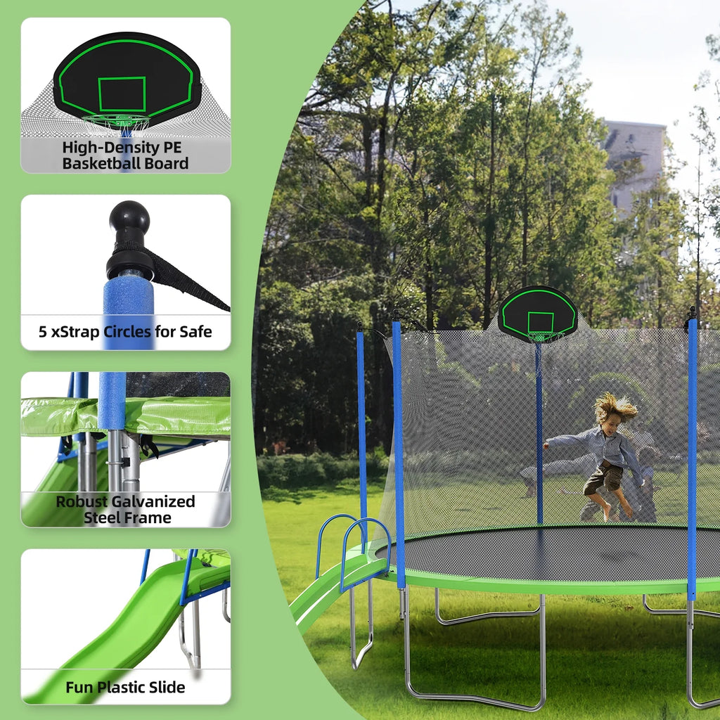 12ft Kids Trampoline with Swing, Slide, Basketball Hoop, Safety Enclosure Net T334