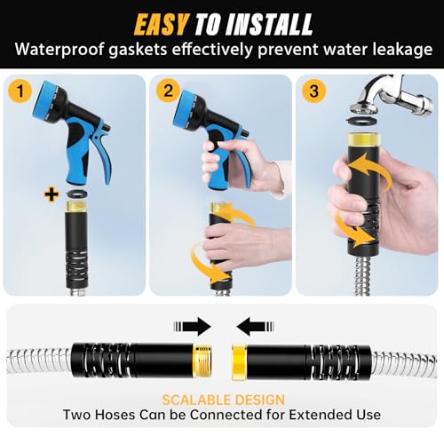 100ft Metal Stainless Steel Garden Hose with 10-Function Nozzle H5662