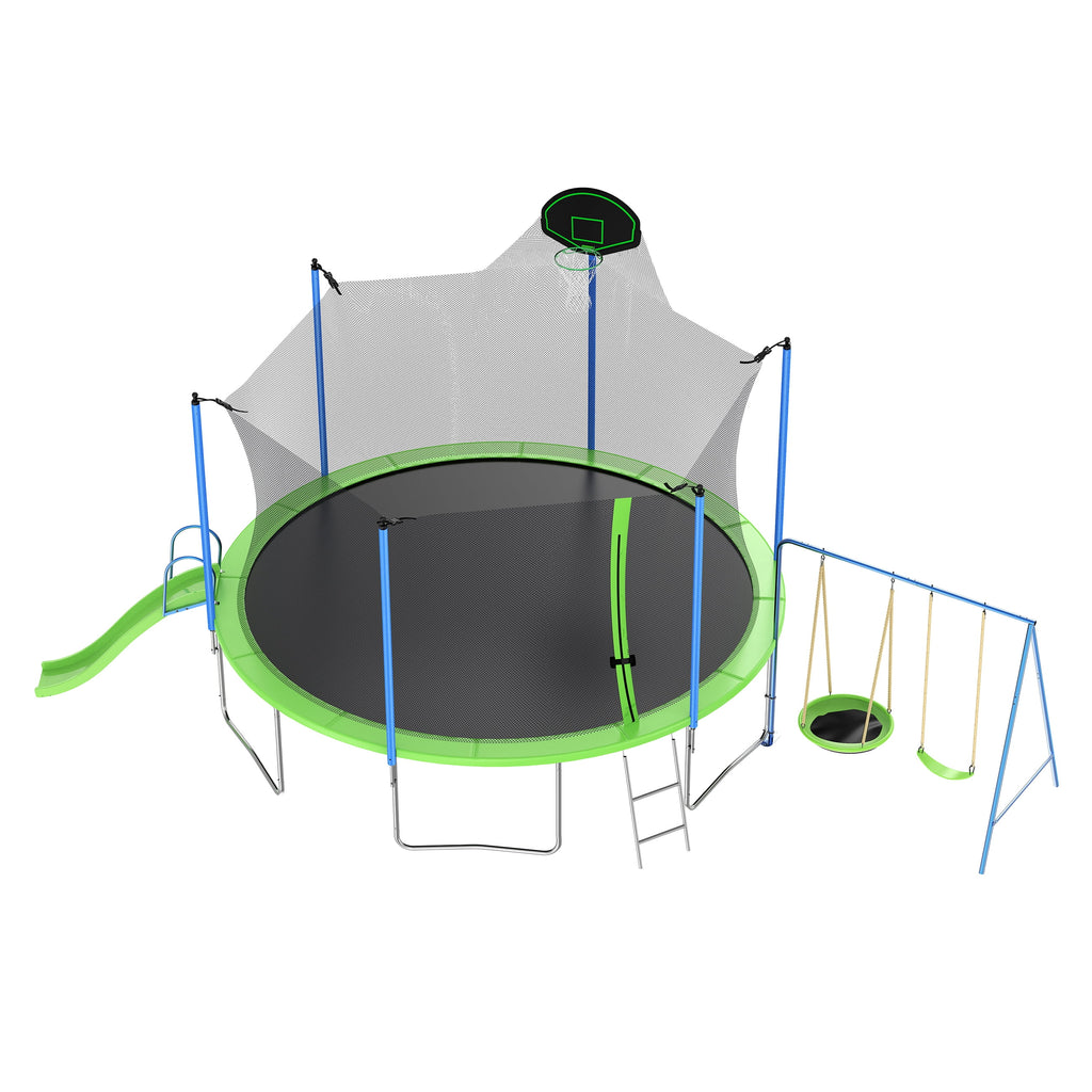 12ft Kids Trampoline with Swing, Slide, Basketball Hoop, Safety Enclosure Net T334