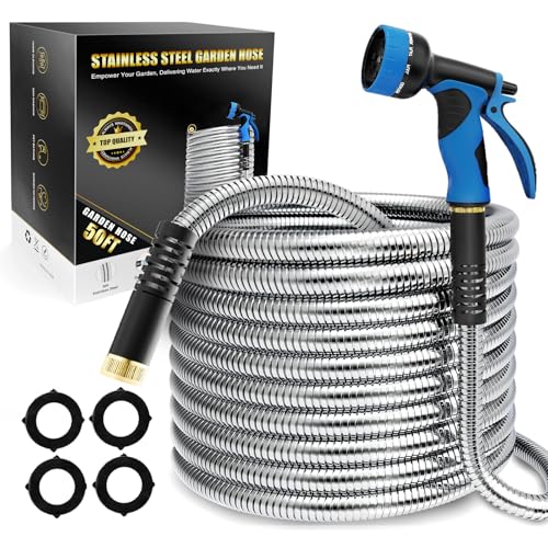 100ft Metal Stainless Steel Garden Hose with 10-Function Nozzle H5662