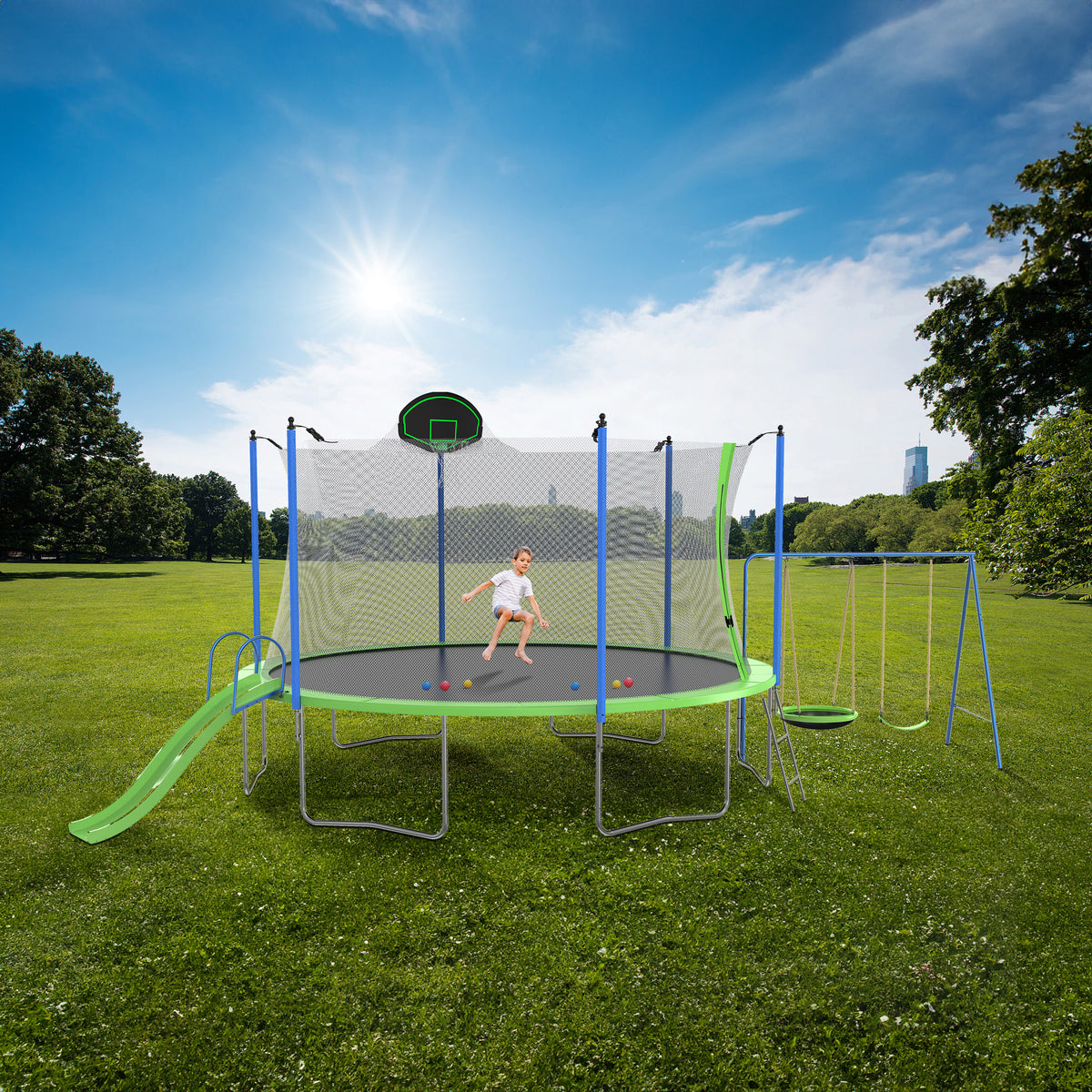 12ft Kids Trampoline with Swing, Slide, Basketball Hoop, Safety Enclosure Net T334