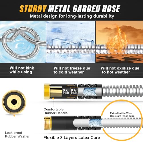100ft Metal Stainless Steel Garden Hose with 10-Function Nozzle H5662