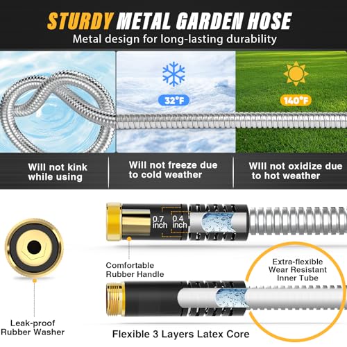 100ft Metal Stainless Steel Garden Hose with 10-Function Nozzle H5662