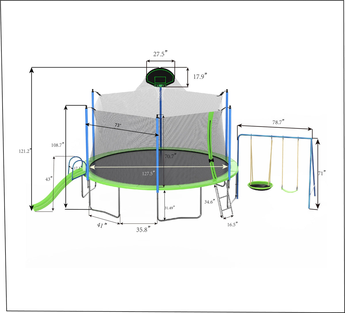 12ft Kids Trampoline with Swing, Slide, Basketball Hoop, Safety Enclosure Net T334